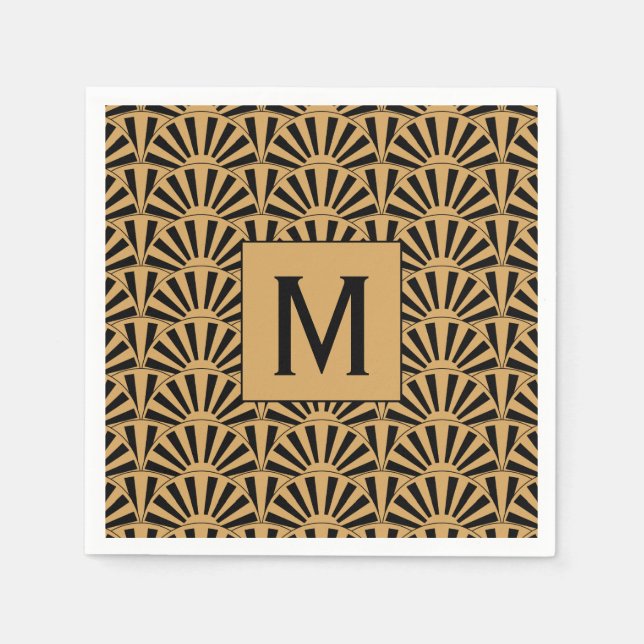 Monogram Gold and Black Art Deco Fan Flowers Motif Napkin (Front)