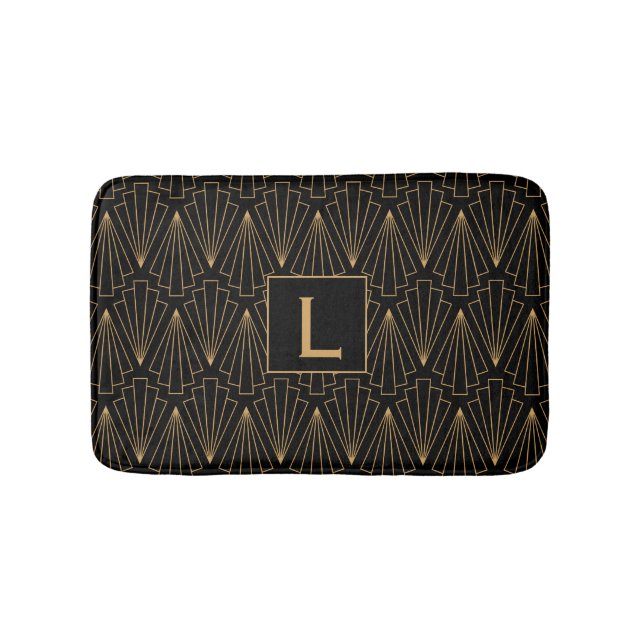 Monogram Gold and Black Art Deco Pattern Bath Mat (Front)