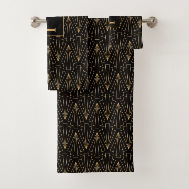 Monogram Gold and Black Art Deco Pattern Bath Towel Set (Insitu)