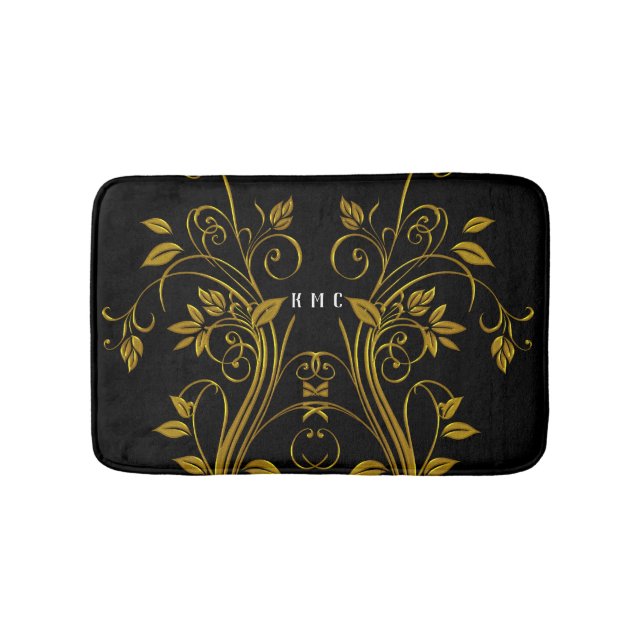 Monogram Gold And Black Floral Swirl Bath Mat (Front)