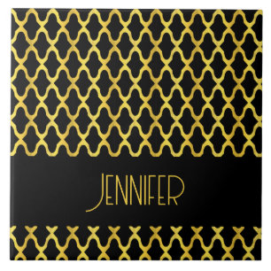 Monogram gold and black quatrefoil pattern ceramic tile