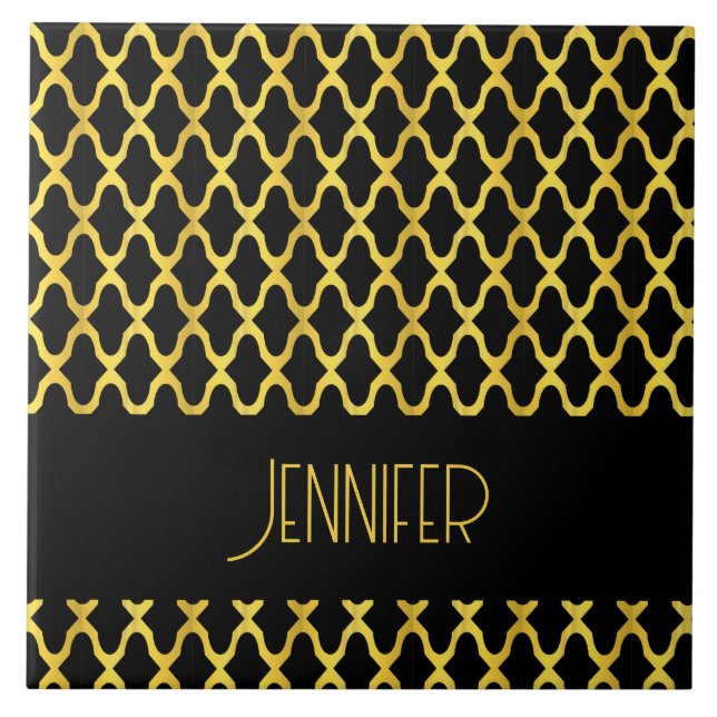Monogram gold and black quatrefoil pattern ceramic tile (Front)