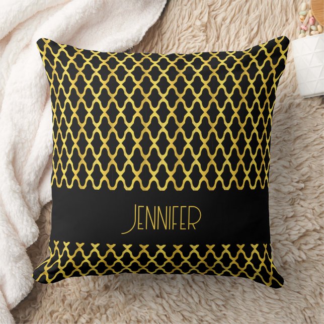 Monogram gold and black quatrefoil pattern cushion (Blanket)