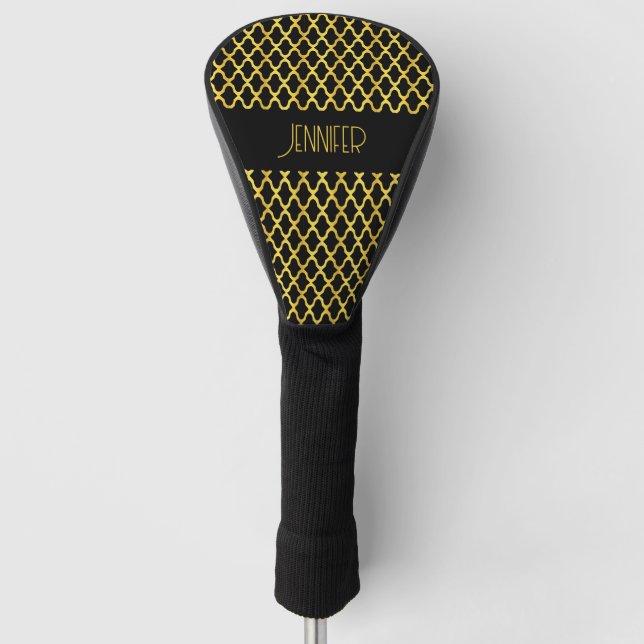 Monogram gold and black quatrefoil pattern golf head cover (Front)