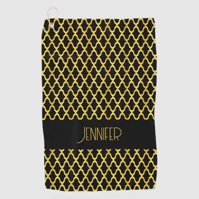 Monogram gold and black quatrefoil pattern golf towel (Front)