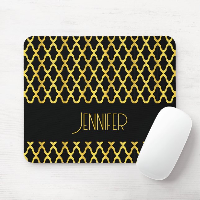 Monogram gold and black quatrefoil pattern mouse pad (With Mouse)