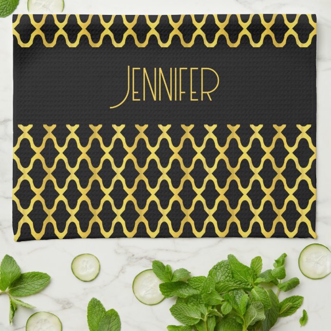 Monogram gold and black quatrefoil pattern tea towel (Folded)