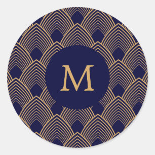 Monogram Gold and Blue Art Deco Pattern  Classic Round Sticker