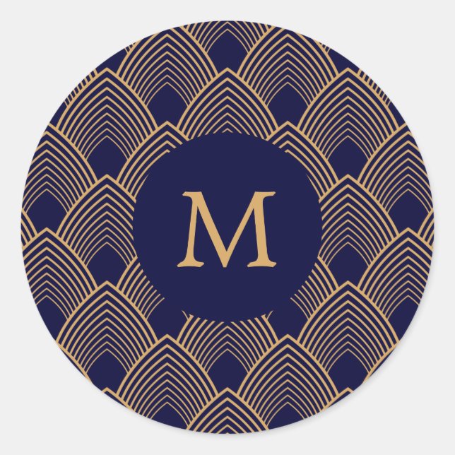 Monogram Gold and Blue Art Deco Pattern  Classic Round Sticker (Front)