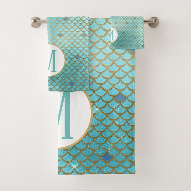 Monogram Gold and Blue Ombre Mermaid Scales Bath Towel Set (Insitu)