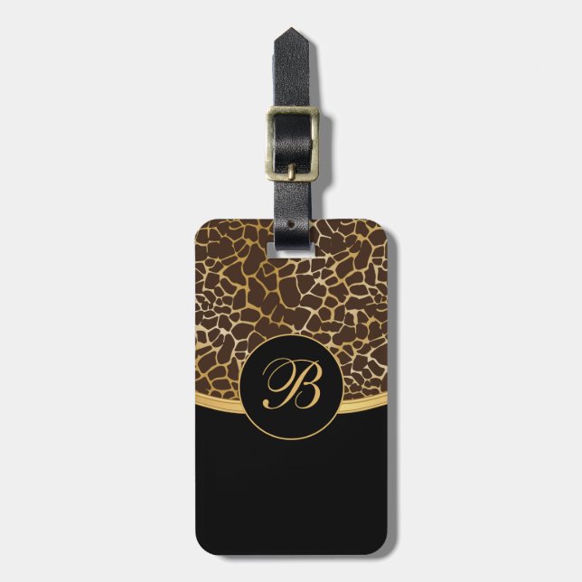 Monogram Gold and Brown Animal Print Luggage Tag (Front Vertical)
