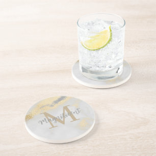 Monogram Gold and Gray Marble Square Coaster