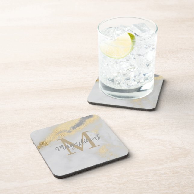 Monogram Gold and Grey Marble Coaster (Right Side)