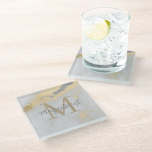 Monogram Gold and Grey Marble Glass Coaster