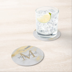 Monogram Gold and Grey Marble Round Paper Coaster
