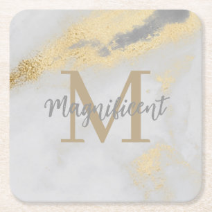 Monogram Gold and Grey Marble Square Paper Coaster