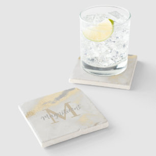 Monogram Gold and Grey Marble Stone Coaster