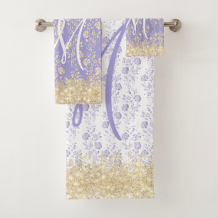 Monogram Gold and Lavender Floral Bath Towel Set