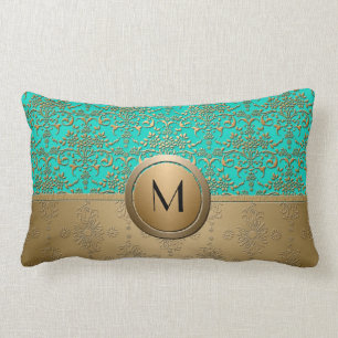 Monogram Gold and Turquoise Green Damask Lumbar Cushion