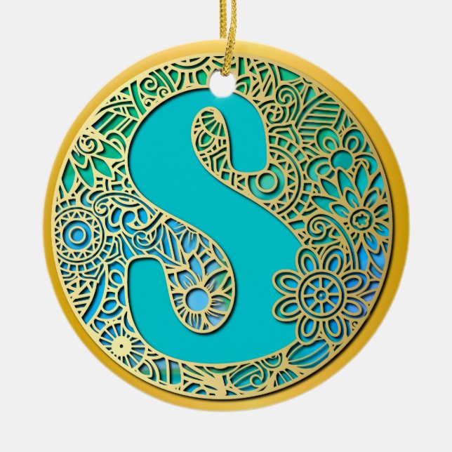 Monogram Gold and Turquoise S and Colourful Flower Ceramic Ornament (Front)