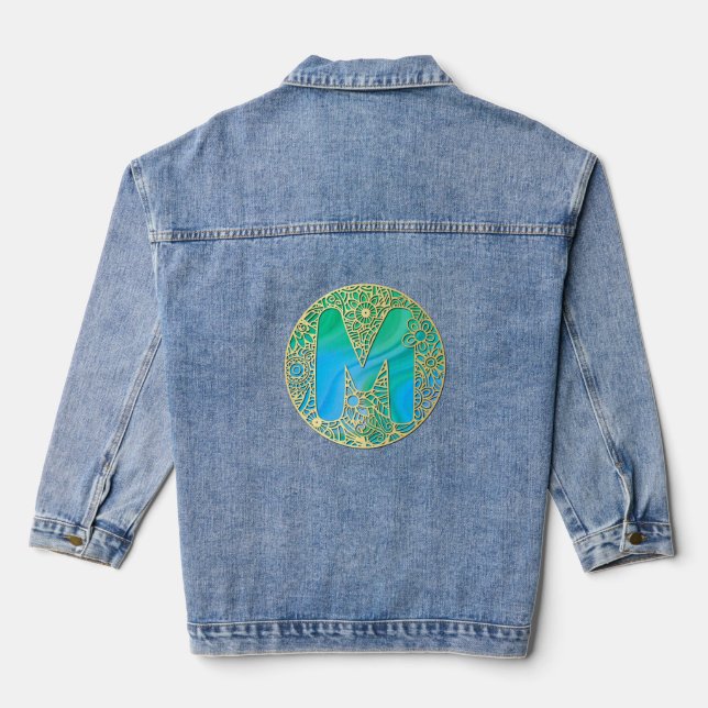 Monogram Gold and Turquoise S and Colourful Flower Denim Jacket (Back)