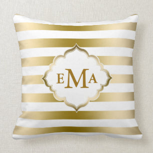 Monogram Gold And White Stripes Geometric Pattern Cushion