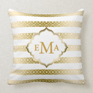 Monogram Gold And White Stripes & Quatrefoil Cushion