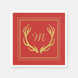 Monogram Gold Antlers Christmas Paper Napkin Red