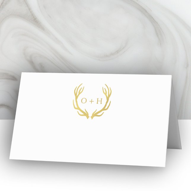 Monogram Gold Antlers | Wedding Folded Place Cards (Creator Uploaded)