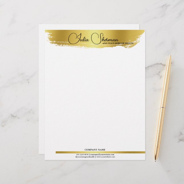 Monogram Gold Black Chic Modern Script Minimalist Custom Letterhead (Front/Back In Situ)