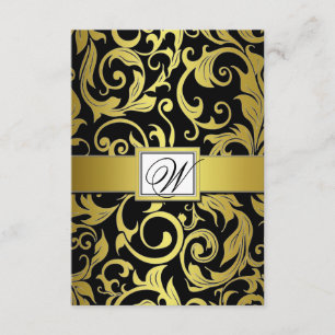 Monogram Gold & Black Damask Wedding RSVP Cards