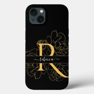 Monogram Gold Black Floral Personalised Name iPhone 13 Case