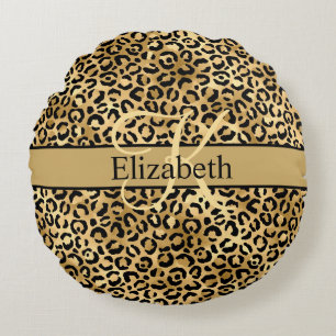Monogram Gold Black Leopard Print Trendy Round Cushion