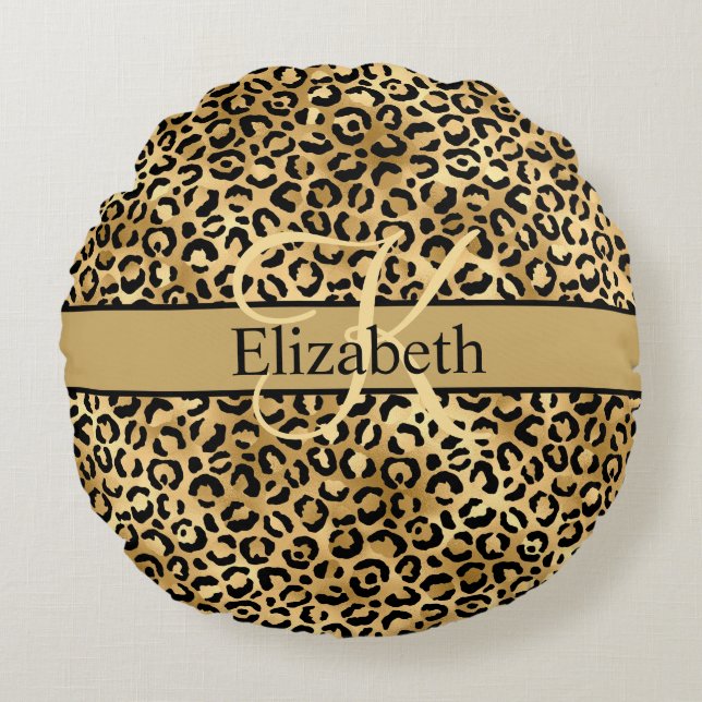 Monogram Gold Black Leopard Print Trendy Round Cushion (Front)