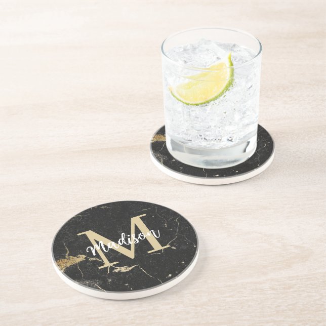 Monogram Gold Black Marble Coaster (Side)