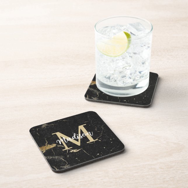 Monogram Gold Black Marble Coaster (Right Side)