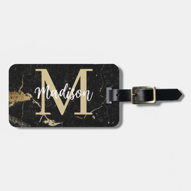 Monogram Gold Black Marble Luggage Tag (Front Horizontal)