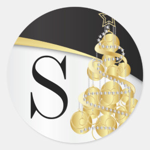 Monogram Gold & Black Merry Christmas Classic Round Sticker