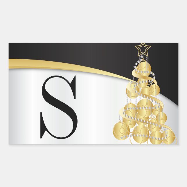 Monogram Gold & Black Merry Christmas Rectangular Sticker (Front)