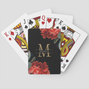 Monogram Gold Black Red Floral Elegant Custom Playing Cards