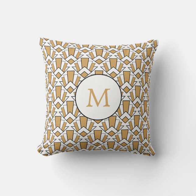 Monogram Gold, Black, White Art Deco Fan Flowers Cushion (Front)