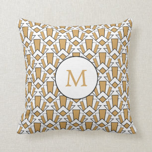 Monogram Gold, Black, White Art Deco Fan Flowers Cushion