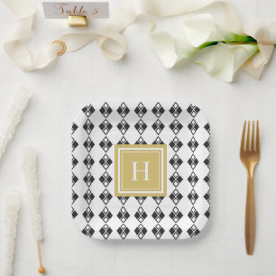 Monogram gold black white harlequin pattern paper plate