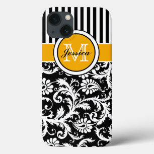 Monogram Gold Black White Striped Damask iPad Air iPhone 13 Case