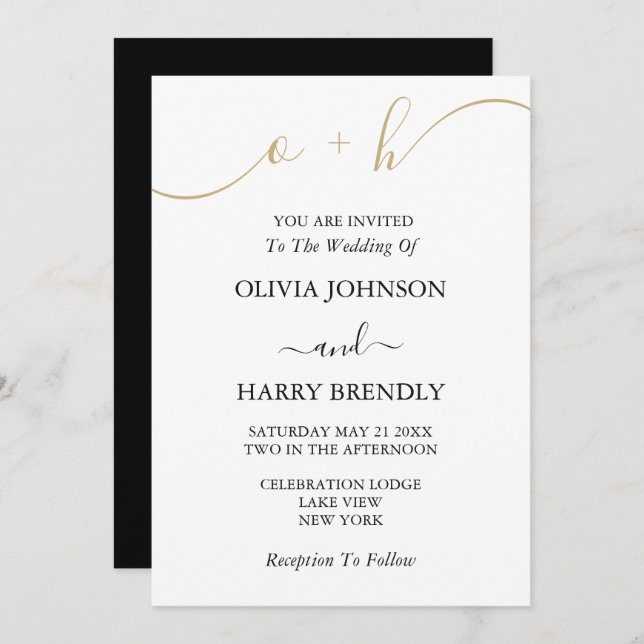 Monogram Gold Black White Wedding Invitation (Front/Back)