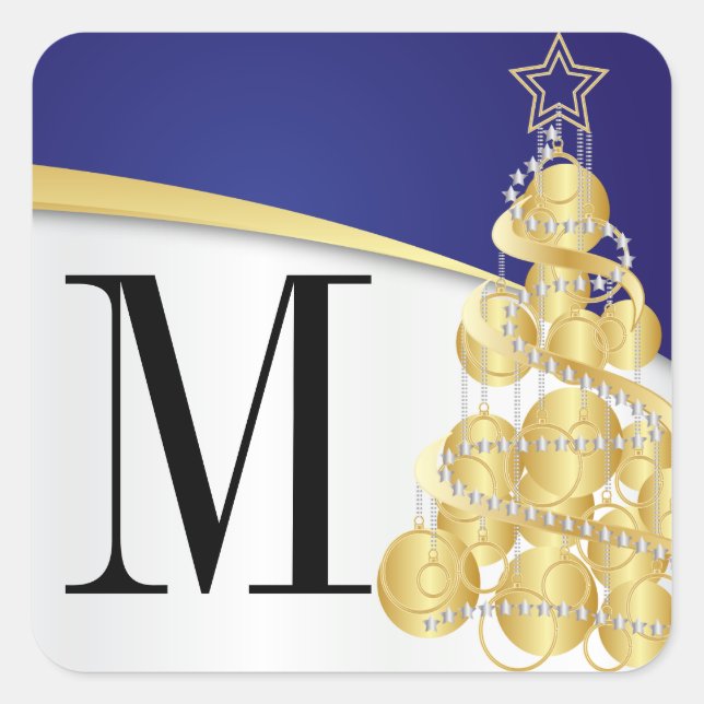 Monogram Gold & Blue Merry Christmas Square Sticker (Front)