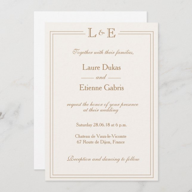 Monogram gold champagne white chic modern wedding invitation (Front/Back)