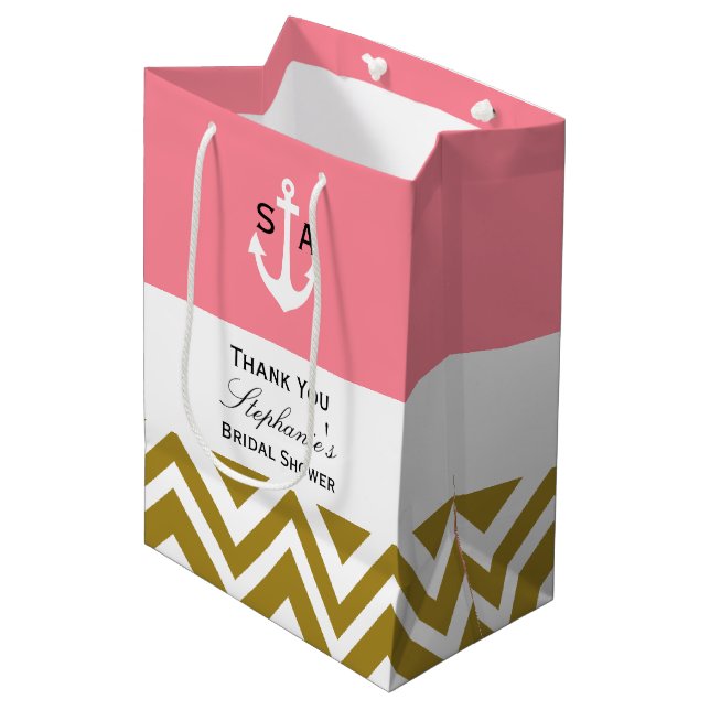 Monogram Gold Chevron with Pink Nautical Bridal Medium Gift Bag (Front Angled)