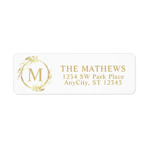 Monogram Gold Christmas Wreath Return Address Label