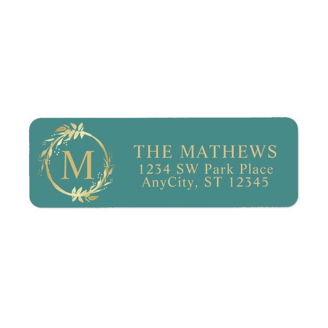 Monogram Gold Christmas Wreath Return Address Label (Front)